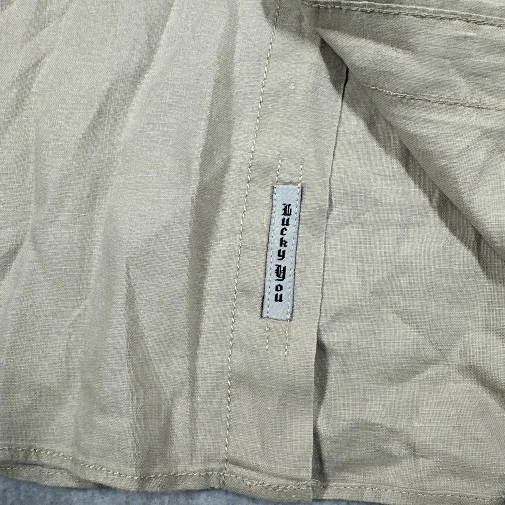 Lucky Brand Guayabera Embroidered Linen Button Up Shirt Men's XL Beige
